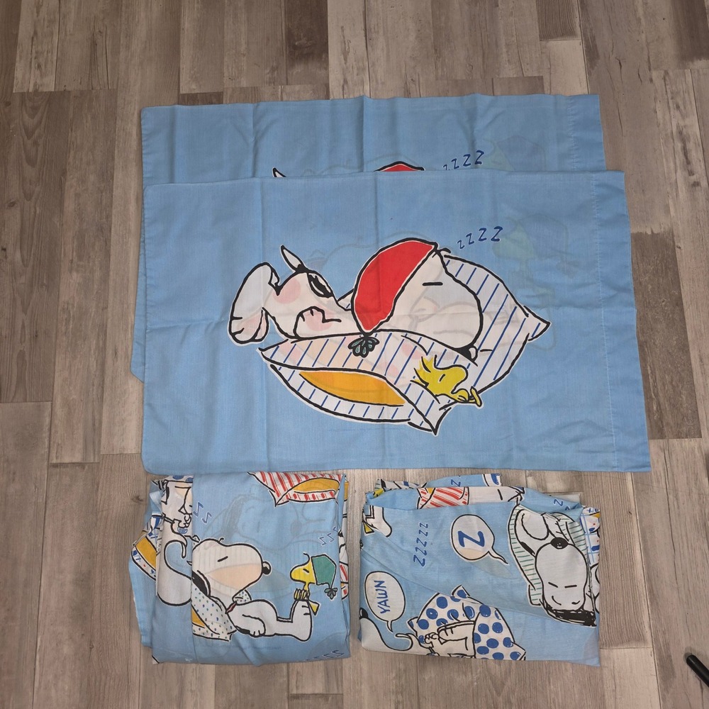 Vintage Peanuts Snoopy Woodstock Full Sheet Set Blue The Bibb Co Made in USA